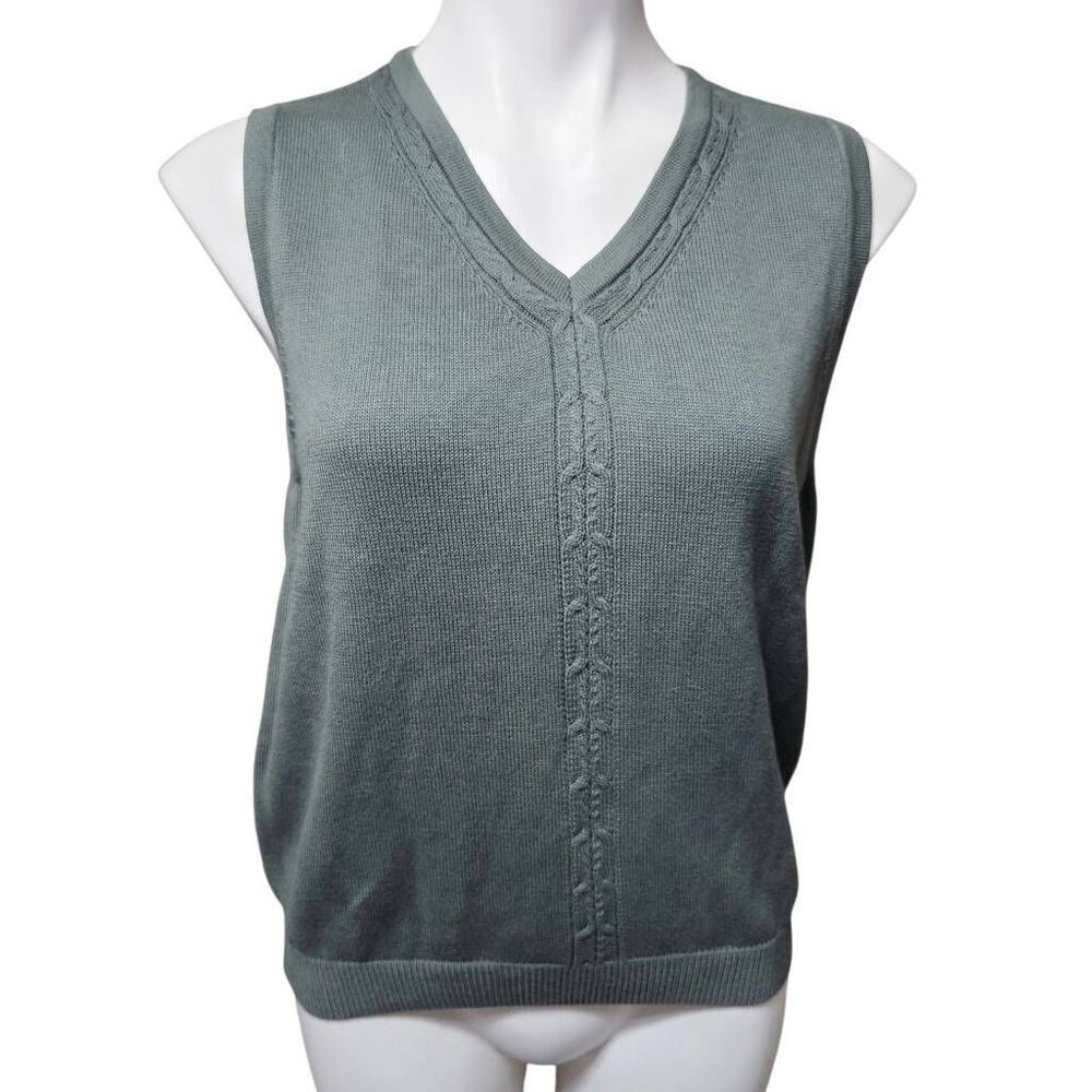V-Neck Cable Trim Sleeveless Sweater Vest - Slate Green